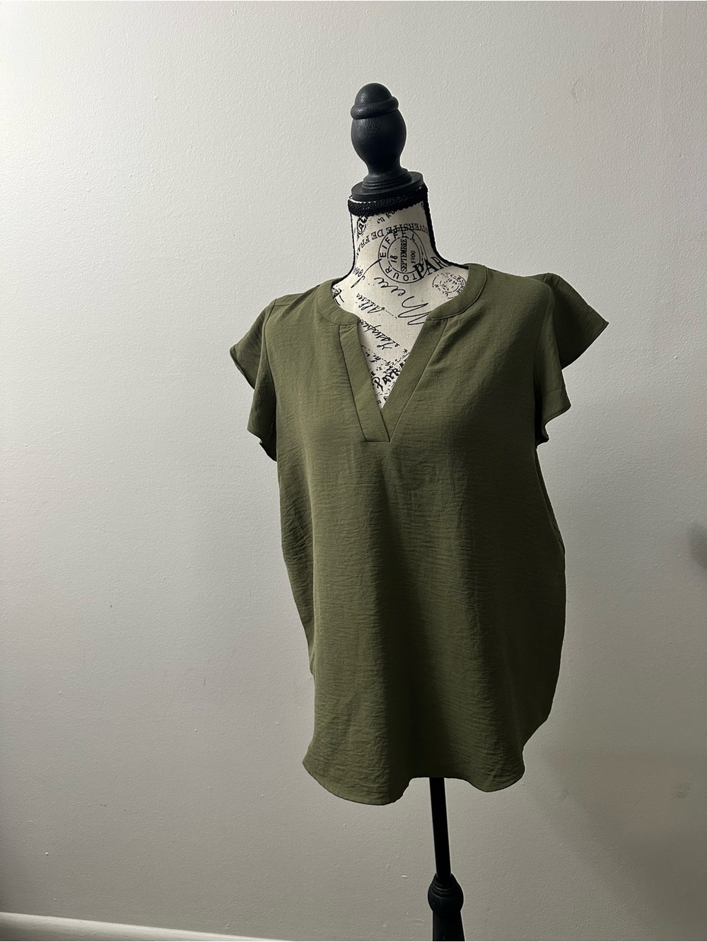 Olive V-Neck Flutter Sleeve Women's Top